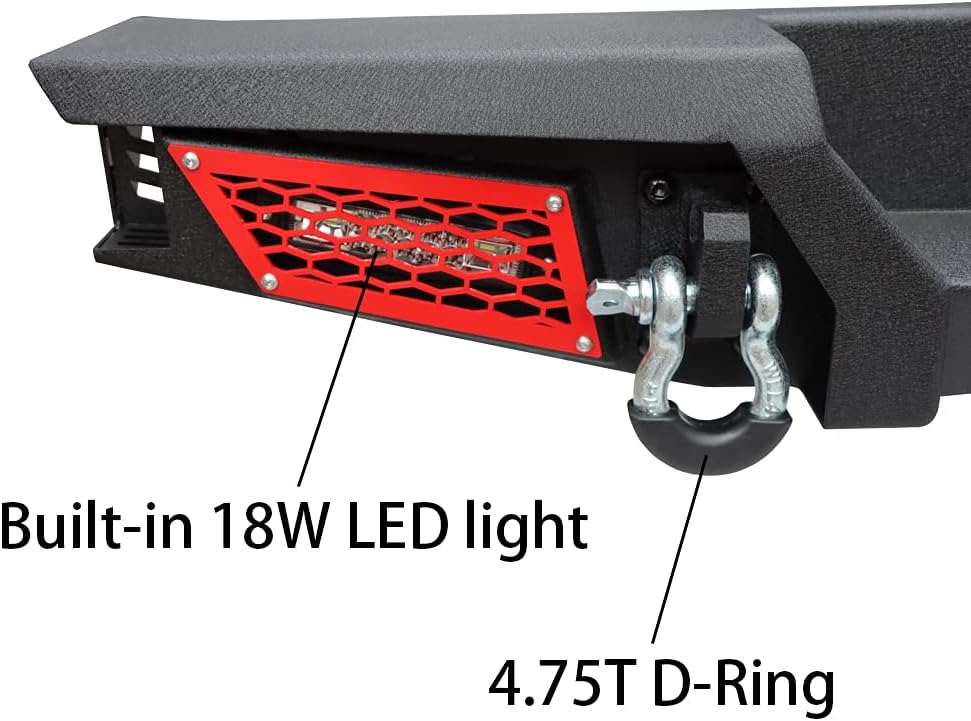 Tioyar Rear Bumper Textured Black w/2x 18W LED Lights & Hook Receivers and 2X 4.75T D-Rings fit 2007-2017 Wrangler JK & JKU