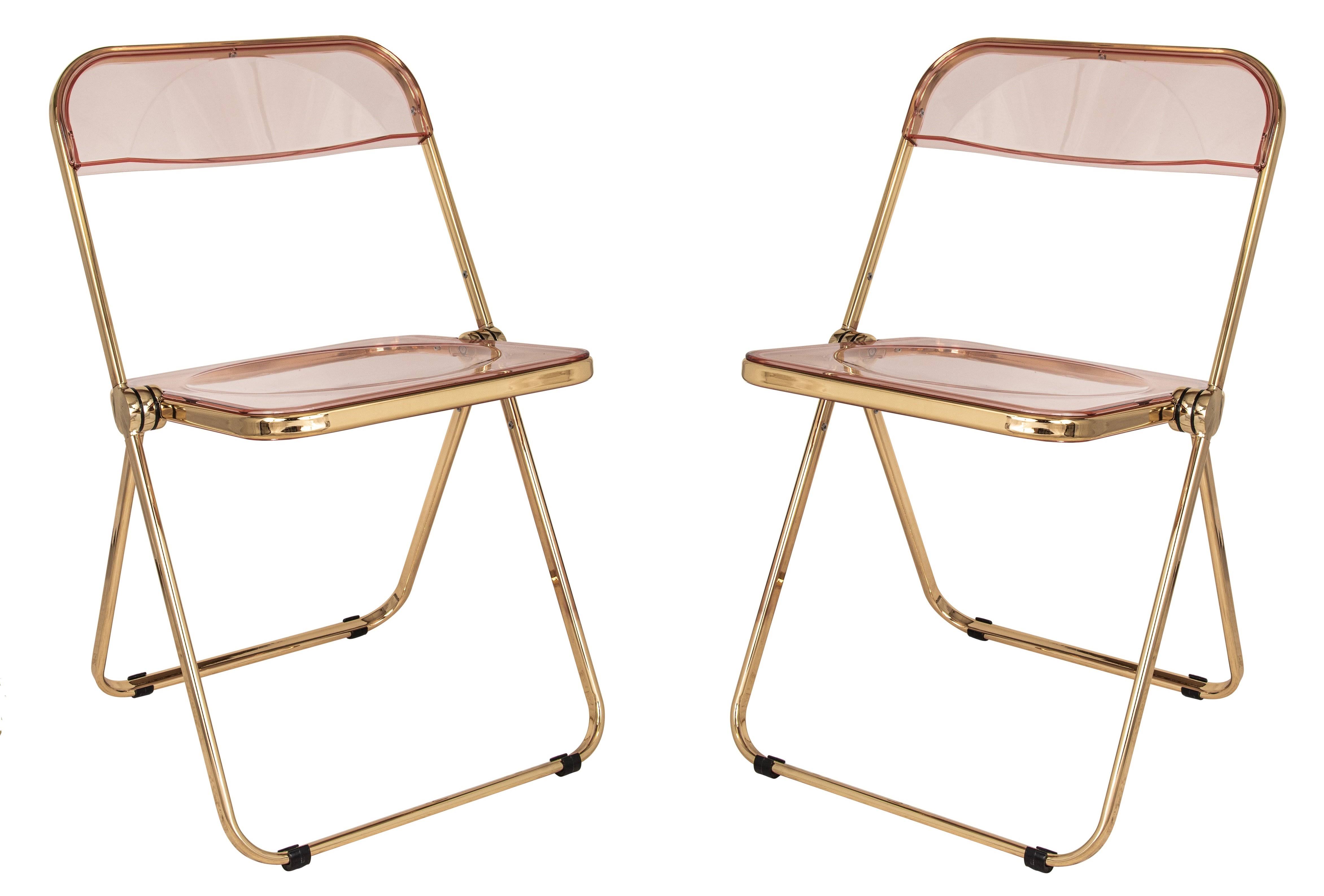 LeisureMod Lawrence Acrylic Folding Chair with Gold Metal Frame Rose Pink / Set of 2