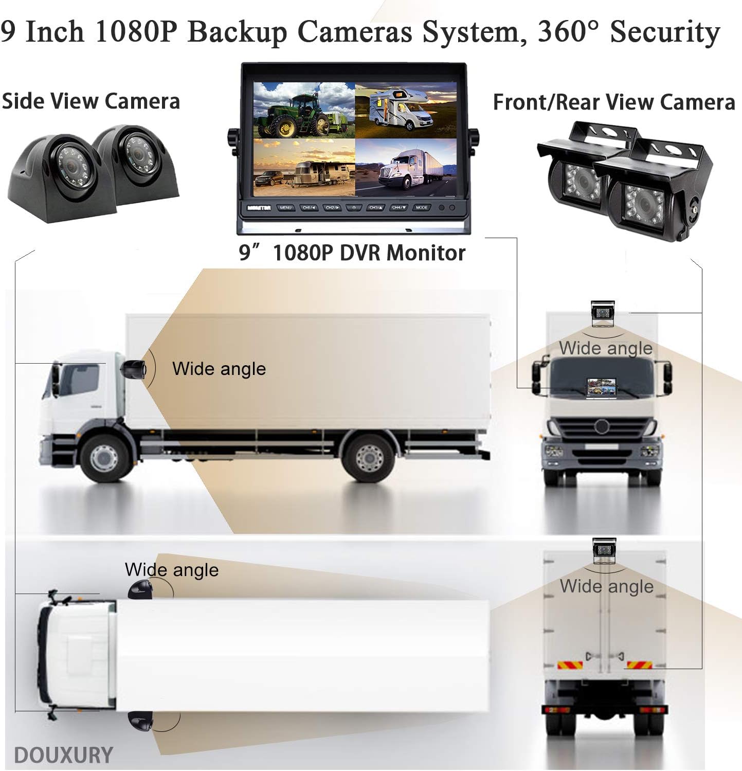 Backup Camera System, DOUXURY 4 Split Screen 9'' Quad View Display HD 1080P Monitor with DVR Recording Function, IP69 Waterproof Night Vision Camera x 4 for Truck Trailer Heavy Box Truck RV Camper Bus