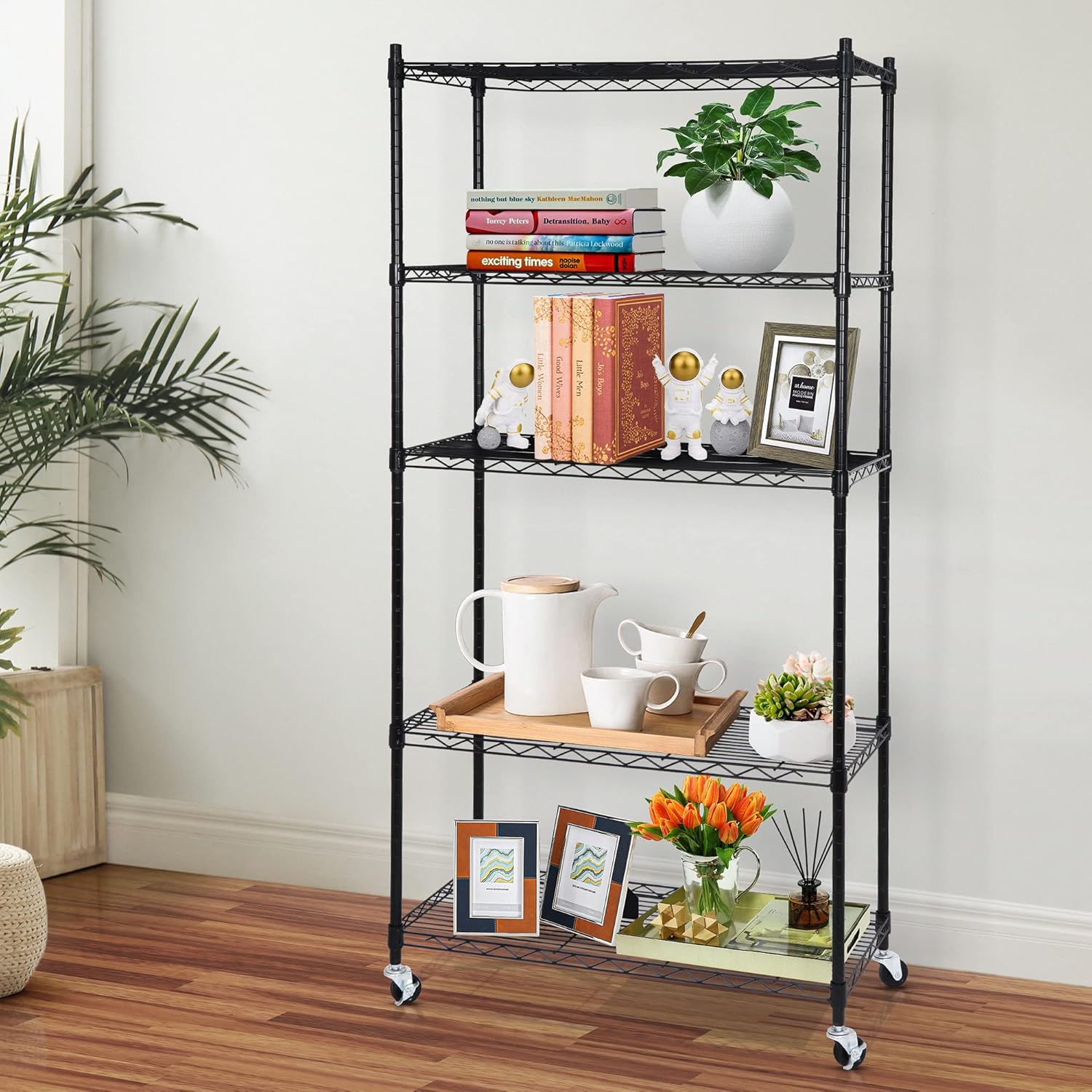 JupiterForce 5-Shelf Adjustable, Heavy Duty Storage Shelving Unit with 4 Wheel Casters, Metal Organizer Wire Rack for Kitchen, Office, Garage, Black (30L x 14W x 62H) Pack of 2