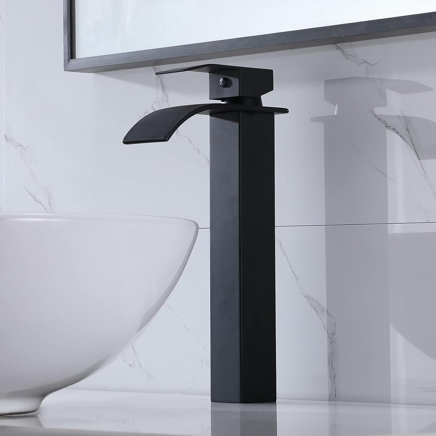VAPSINT Modern Single Handle Matte Black Waterfall Vessel Sink Faucet, Tall Faucet for Bathroom Sink Vanity Sink Faucet with Pop-up Drain and Supply Water Hoses