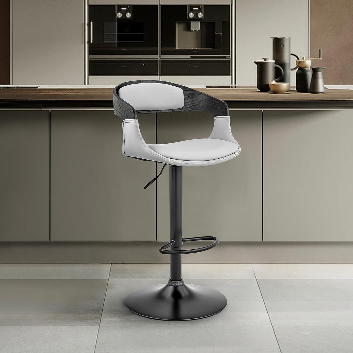 Armen Living Benson Adjustable Gray Faux Leather and Black Wood Bar Stool with Black Base