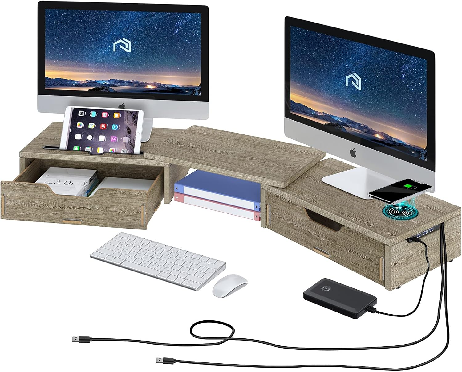 Rolanstar Monitor Stand Riser with Drawer & Wireless Charger, Dual Monitor Stand with USB Ports for Data Transfer & Charging, Adjustable Desk Organizer for Computer （Bamboo） Pack of 2