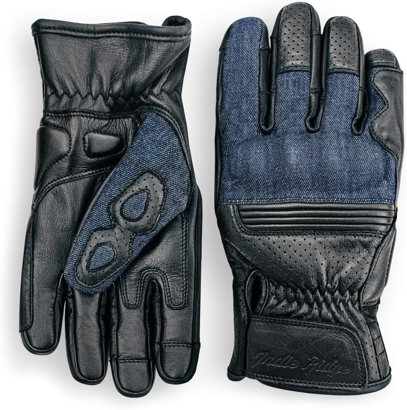 Denim & Leather Motorcycle Gloves (Black) with Mobile Phone Touchscreen by Indie Ridge (X-Large)