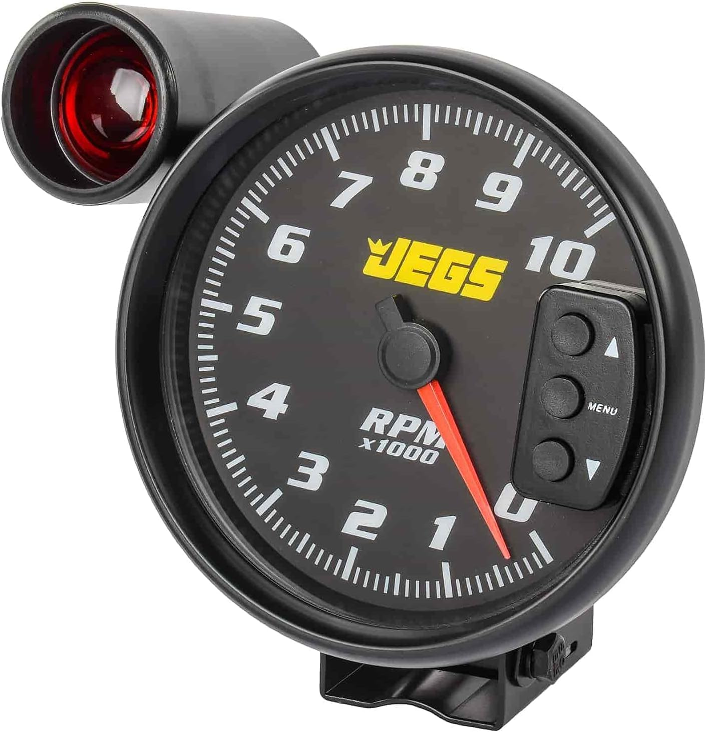 JEGS 5&rdquo; Tachometer | Black Face With Black Bezel | 0-10,000 RPM Range | Super-Bright LED Shift Light | One-Touch Peak RPM Recall | Mounting Bracket Included