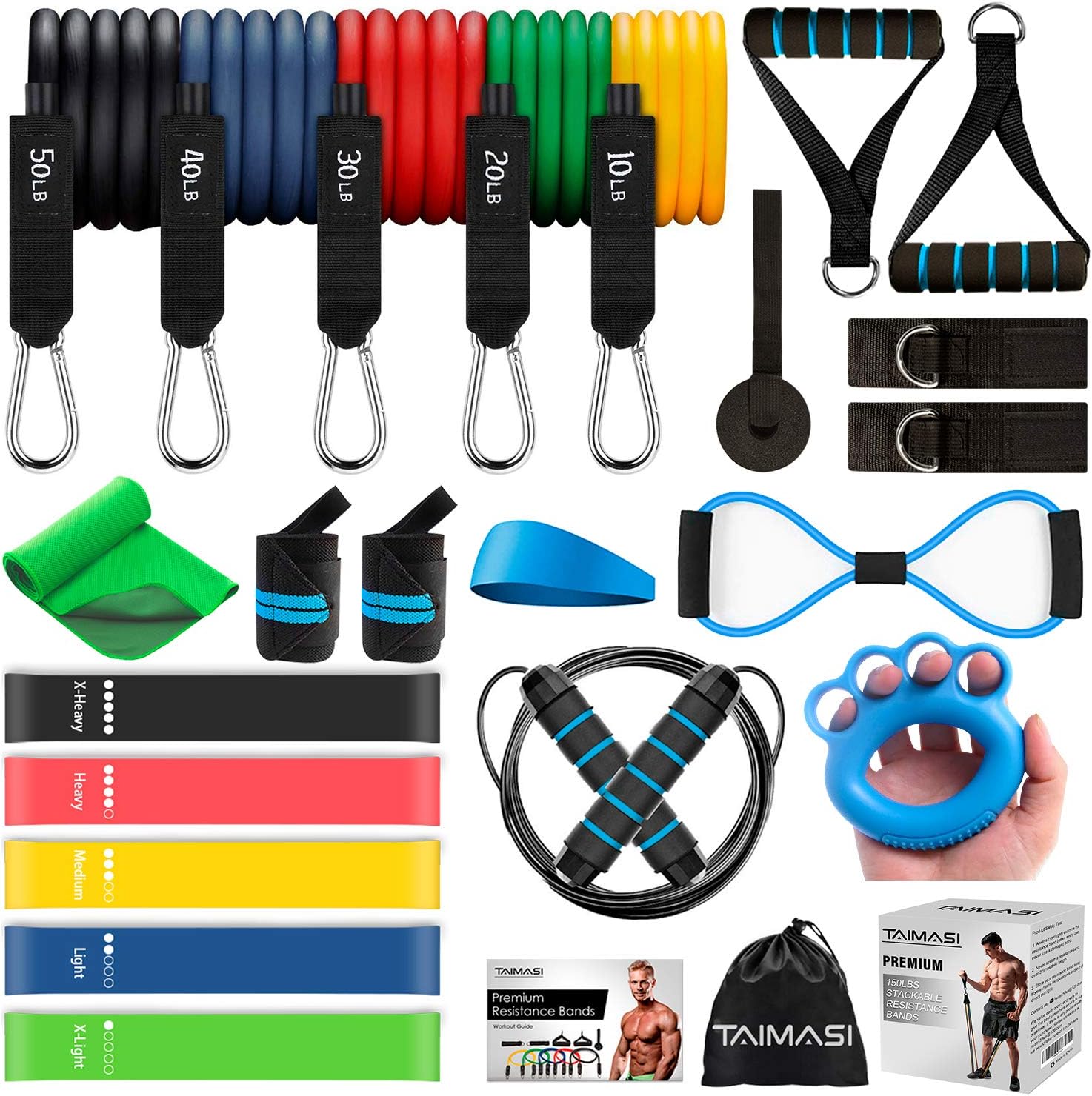 23Pcs Resistance Bands Set Workout Bands, 5 Stackable Exercise Bands with Handles, 5 Resistance Loop Bands, Jump Rope, Figure 8 Resistance Band, Headband, Cooling Towel Pack of 2