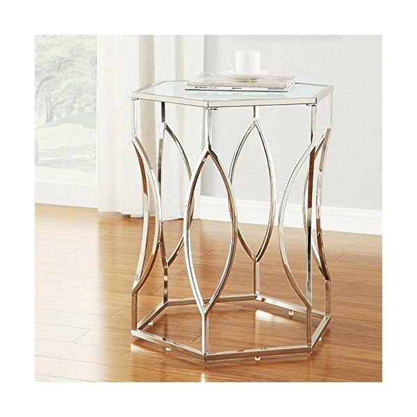 Kingsbury Home Alberto Contemporary Hexagon Wavy Glass Top Accent Table, Chrome Finish