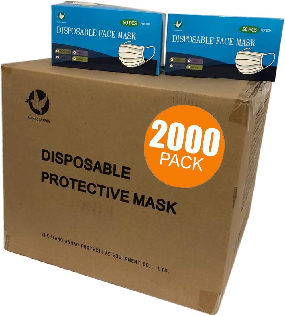 2000 PCS Wholesale Bulk Disposable Face Masks Blue (50 Boxes, 50pcs/Box), 3-Layers