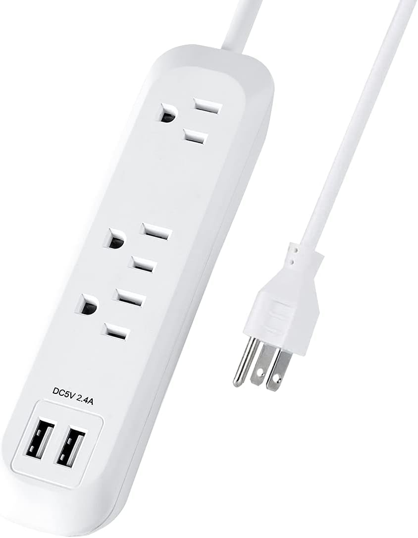 USB Power Strip Surge Protector Wall Outlet with Long Extension Cord, 3 Outlets 2 USB Ports 2.4A, Wall Mountable Power Strip for Home Office, 1250W/10A, SGS Listed Pack of 2
