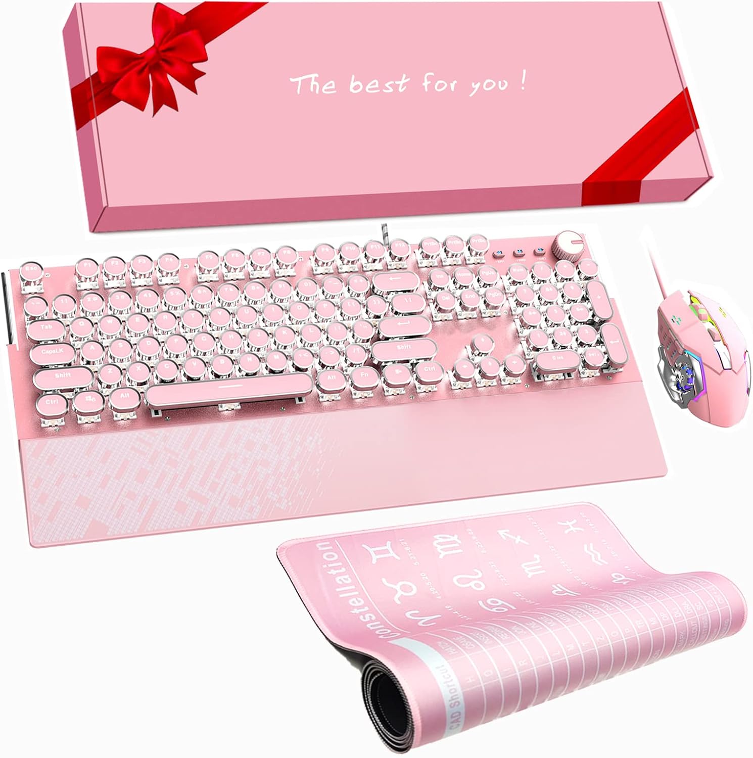 Pink Mechanical Gaming Keyboard with Mouse Combo Multifunctional Mouse Pad 104 Keys White LED Backlit Keyboard with Palm Wrist Typewriter USB Wired Gaming Keyboard for PC Mac Laptop (Blue Switch)