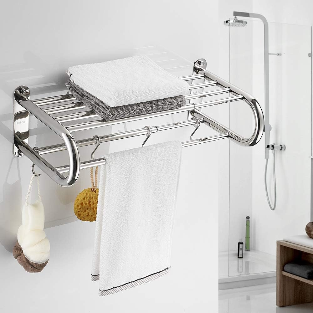BESy Stainless Steel Towel Racks with Shelf, Adjustable 15 to 26.8 Inch Bathroom Shelf with Towel Bar Rod and Hooks for Wall Mount, Multifunction Double Towel Holder Hotel Style,,Polished Chrome
