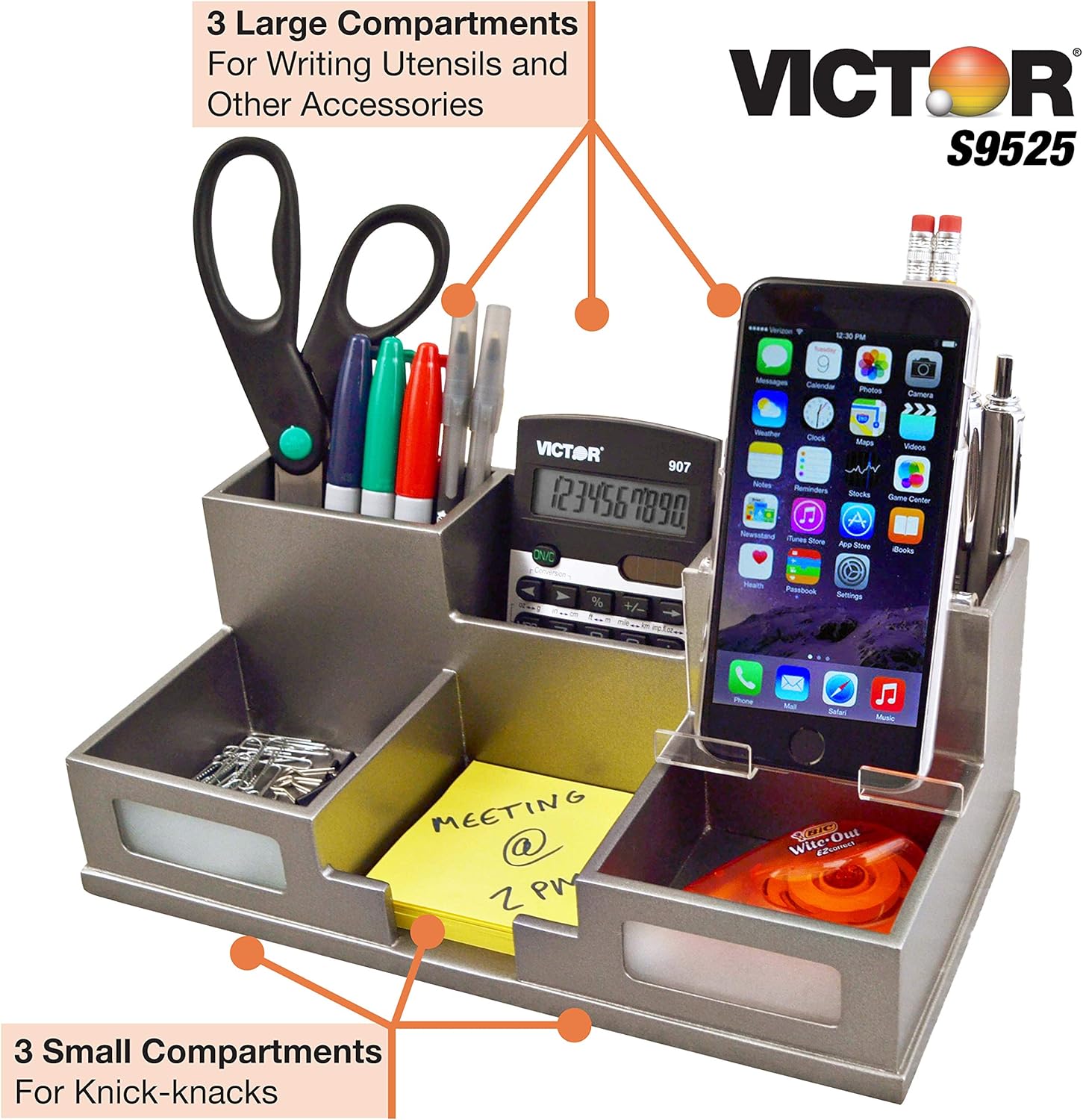 Victor Wood Desk Organizer with Smart Phone Holder, Classic Silver, S9525 Pack of 2