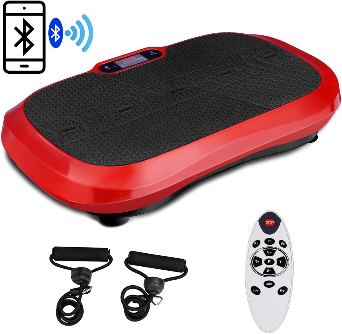 Goplus Fitness Vibration Machine Ultrathin Power Plate Full Body Shape Exercise Machine with Bluetooth Remote Control & Resistance Bands Vibration Workout Trainer (Red)
