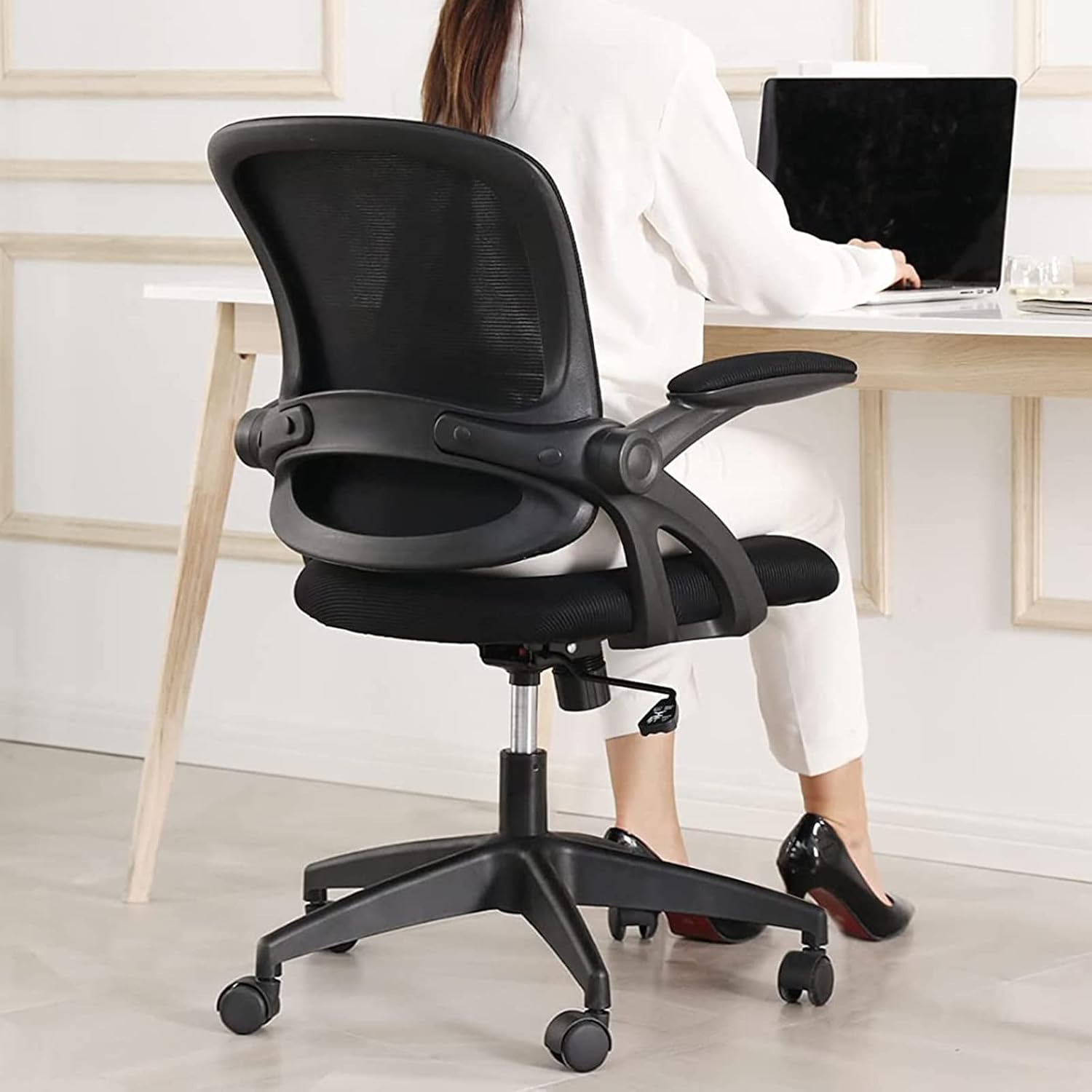 Office Chair, KERDOM Ergonomic Swivel Desk Chair Mesh Computer Chair with Flip-up Armrests Lumbar Support and Adjustable Height（Black）