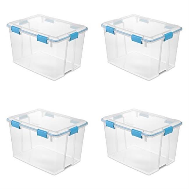 Sterilite 19384304 80 Quart/76 LITER Gasket Box Clear Lid u0026 Base w/ Blue Aquarium Latches u0026 Gasket 4-Pack