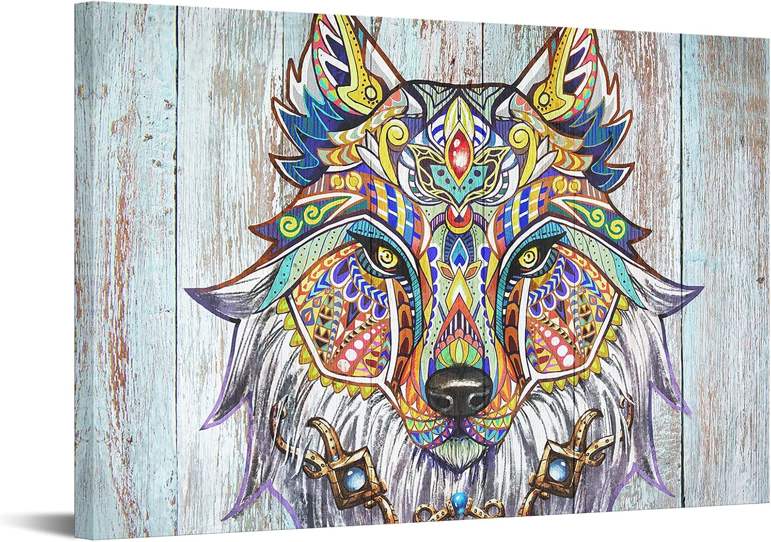 DuoBaorom Large Wolf Wildlife Picture Wall Art Abstract Boho Paisley Wolf Bohemian Animal Artwork Stretched and Framed Ready to Hang for Home Bedroom Office Decor 24x36inch