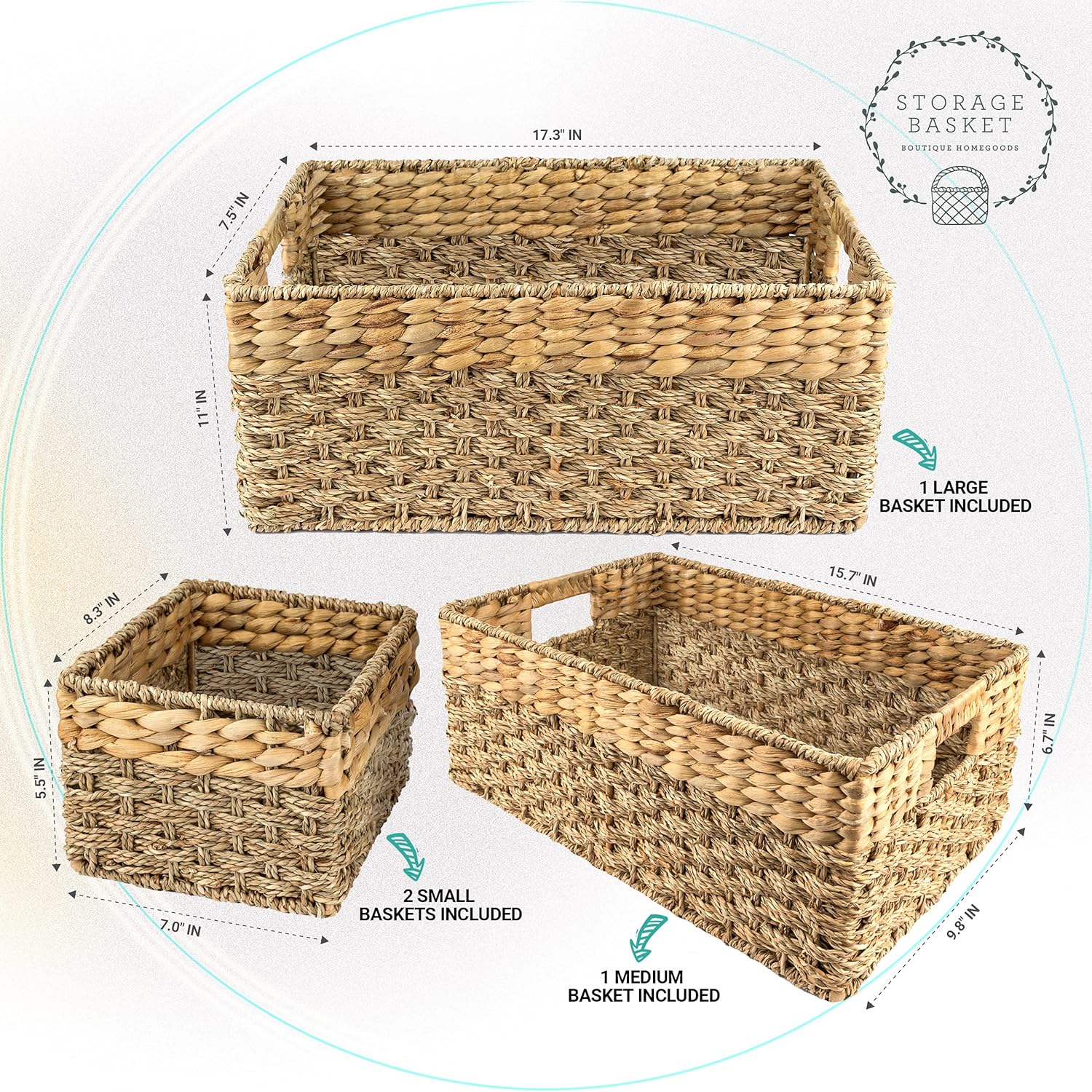 Rustic Home Resources Storage Basket Wicker Baskets for Organizing. Set of 4 Woven Basket - 1x Large Basket, 1x Medium Decorative Basket and 2x Small Basket. Rustic, Hyacinth and Seagrass Baskets, Rectangular Baskets with Handles, Closet Organizers a