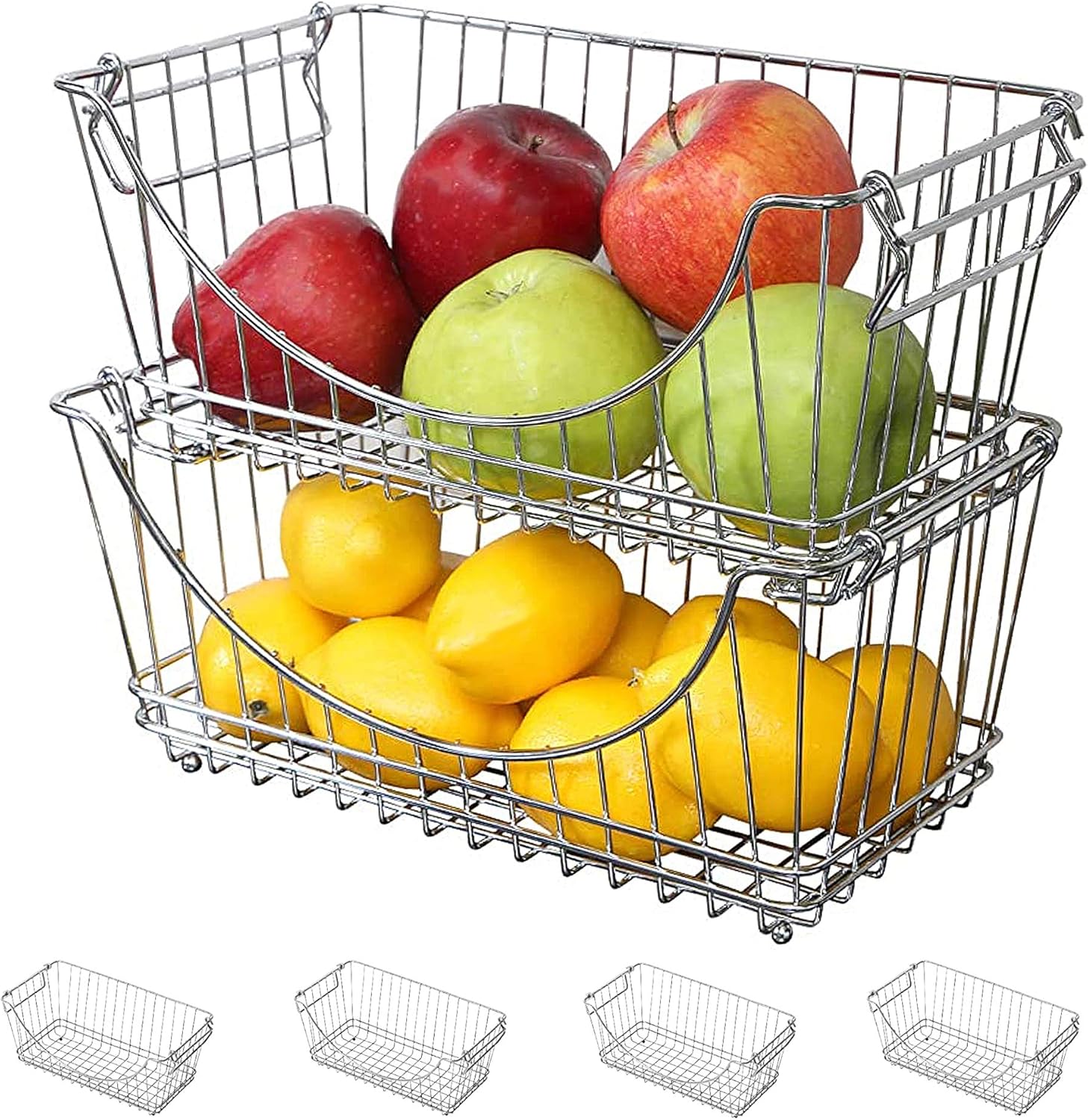 Smart Design Stacking Baskets Organizer - Medium (12.63 x 5.5 Inch) - w/ Handle - Steel Metal - Food, Fruit, & Vegetable Safe - Kitchen [Chrome] - Set of 6 Pack of 2