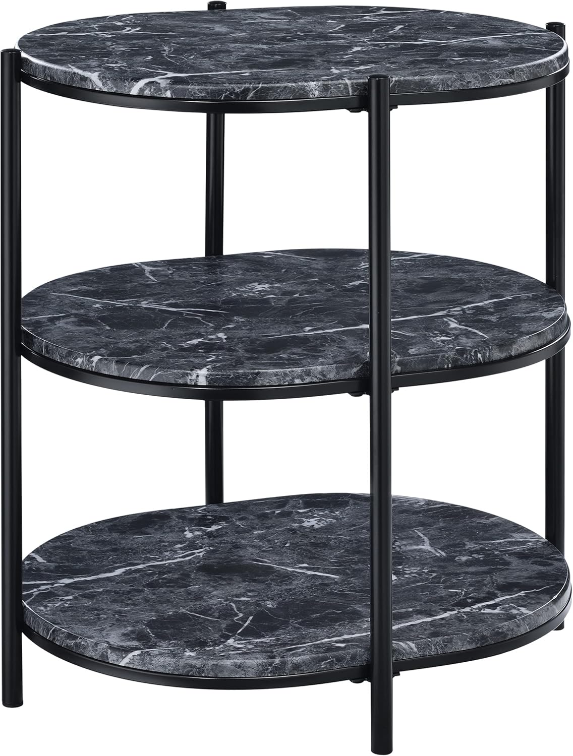 OSP Home Furnishings Renton 3-Tier Oval Side Table, White Marble Shelves and Black Frame