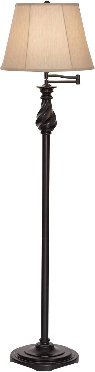 Traditional Swing Arm Floor Lamp Painted Black Bronze Swirl Font Faux Silk Beige Shade for Living Room Reading Office - Regency Hill