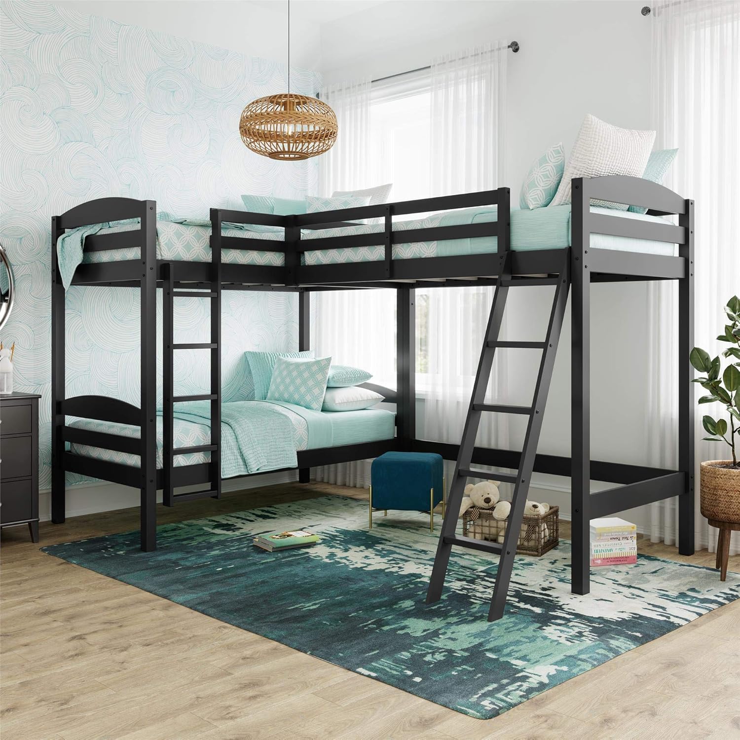 Dorel Living Clearwater Triple Wood Bunk, Twin Size, Black Bed
