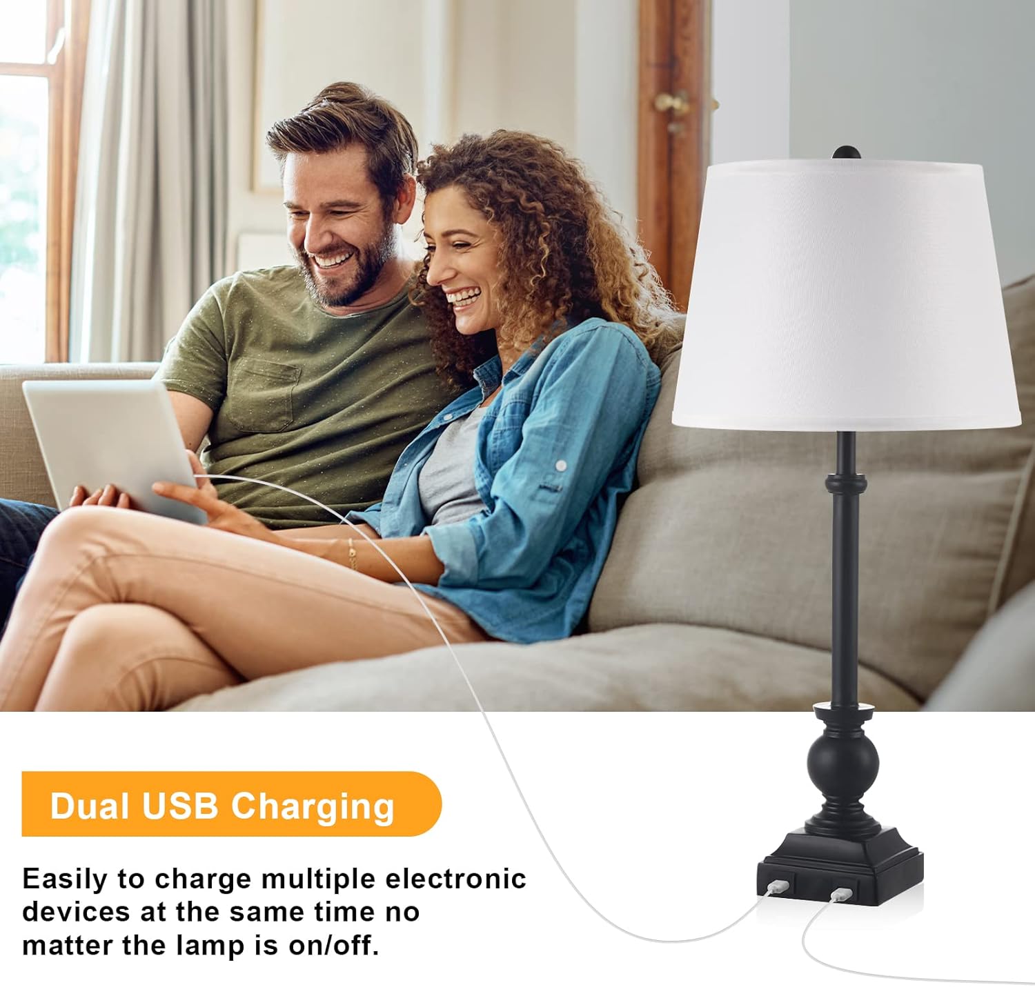 USB Table Lamps for Living Room Set of 2, 27.6 in Farmhouse Bedside Lamps Set with 2 USB Ports, Tall Black Traditional Lamp for Bedroom, End Table, Nightstand, Den, Reading, Office