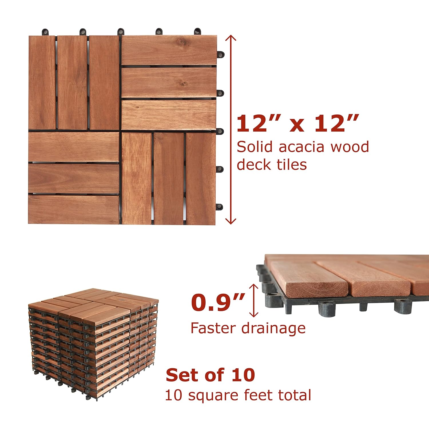 Interlocking Acacia Wood Deck Tiles,Box of 10 12 in x 12 in each,waterproof all weather,patio tiles,balcony flooring,backyard flooring,outdoor shower mat,portable dance floor,12 slats,10 Sq ft,NATURAL