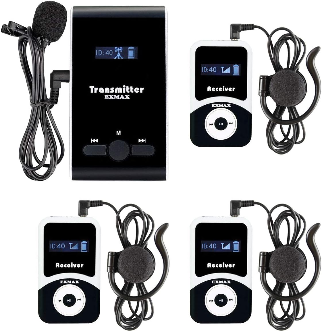 EXMAX EX-100 Wireless Tour Guide Monitoring Acoustic Audio Voice Transmission System Microphone Earphone for Church Translation Simultaneous Interpreting Teaching Worship (1 Transmitter 3 Receivers)