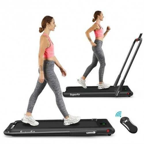 2-in-1 Folding Treadmill with RC Bluetooth Speaker LED Display-Black - Color: Black