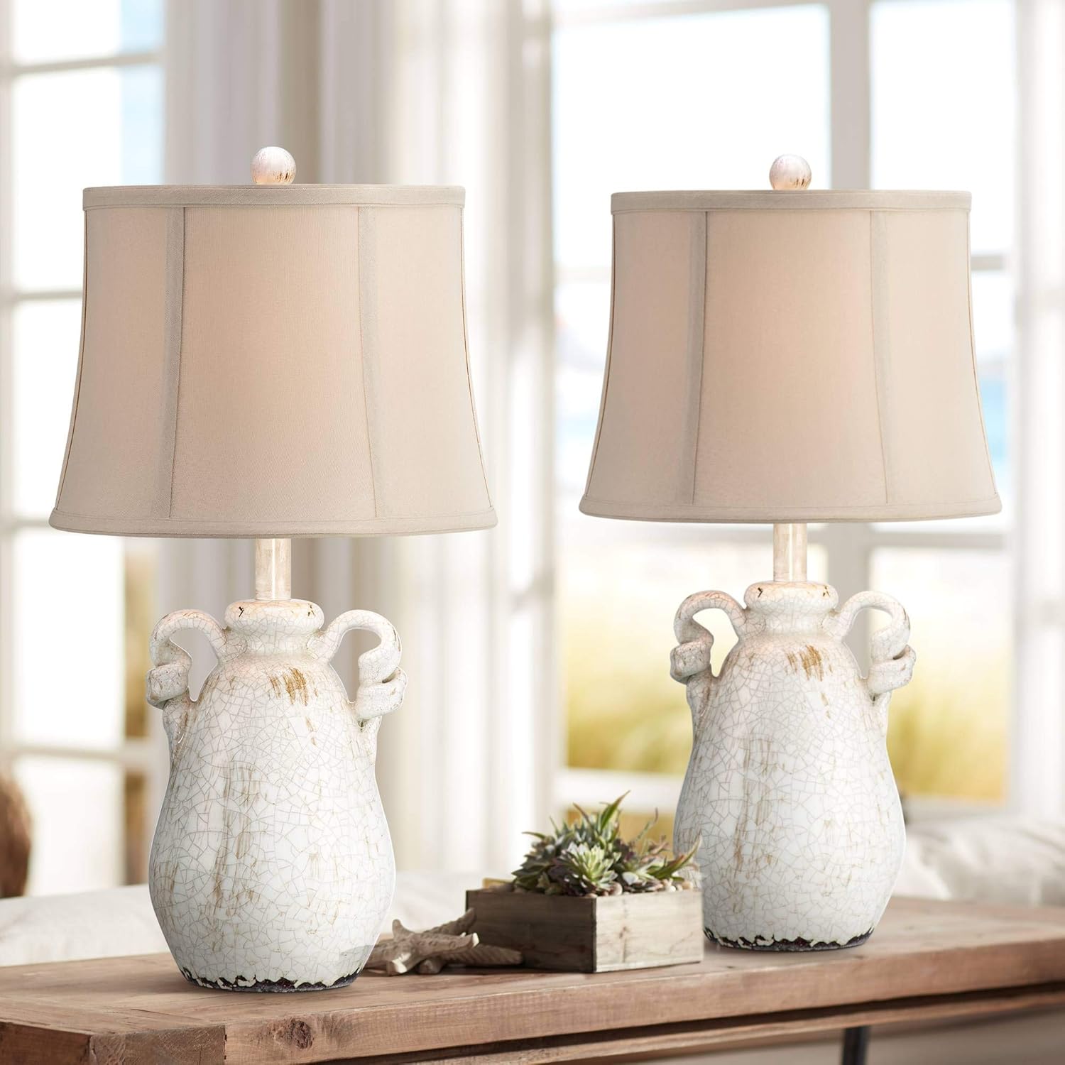 Sofia Country Cottage Jar Style Table Lamps Set of 2 Crackled Farmhouse Ivory Ceramic Beige Bell Shade Decor for Living Room Bedroom House Bedside Nightstand Home Office Family - Regency Hill