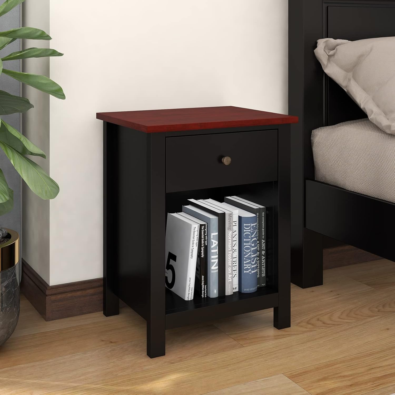 ChooChoo Nightstand Bedroom, Side Table with 1-Drawer Storage Cabinet, Wooden End Table Bedside Table, Black