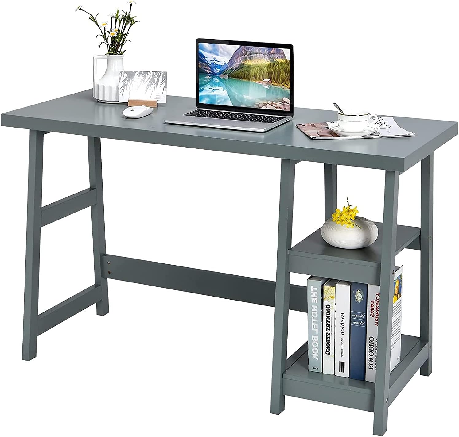 MIDDOW Trestle Computer Desk, 47.5&rdquo; Modern Home Office Desk w/2-Tier Open Storage Shelves, Space Saving Study Writing Desk, Gaming Computer Workstation for Home/Office (White)