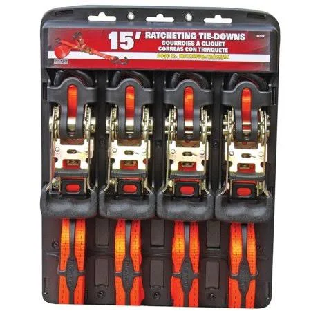 Erickson 31416 Pro Series Orange 1 inch x 15& Rubber Handle Ratcheting Tie-Down Strap, (Pack of 4), Wide Molded Rubber Handles M
