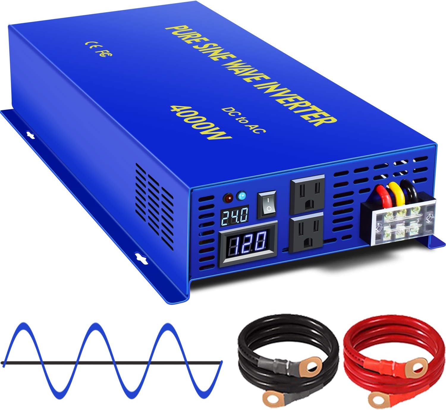 XYZ INVT 4000 Watt Pure Sine Wave Inverter 24V DC to 110V 120V AC, Surge 8000W Car Power Invert Surge 8000W Power Converter for Solar System. (4000W 24V)