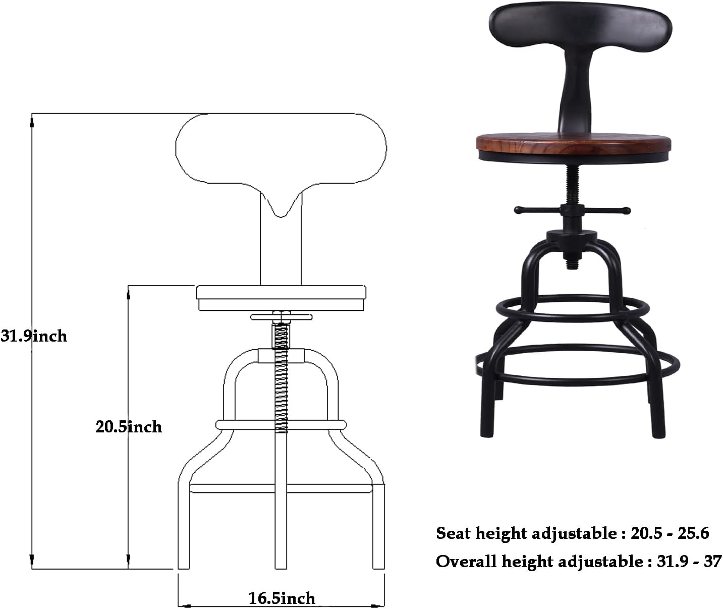 Diwhy Industrial Vintage Bar Stool,Kitchen Counter Height Adjustable Pipe Stool,Cast Iron Stool,Swivel Bar Stool,Metal Stool,27 Inch,Fully Welded Set of 2 (Iron Backrest)