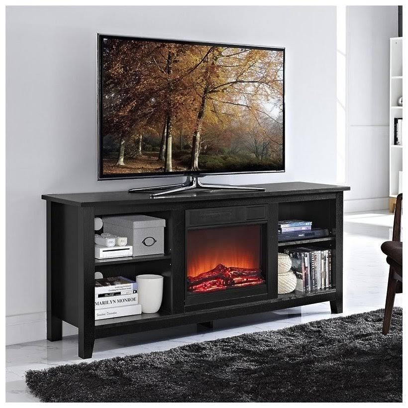Pemberly Row 58x22 Wood TV Stand with Fireplace in Black