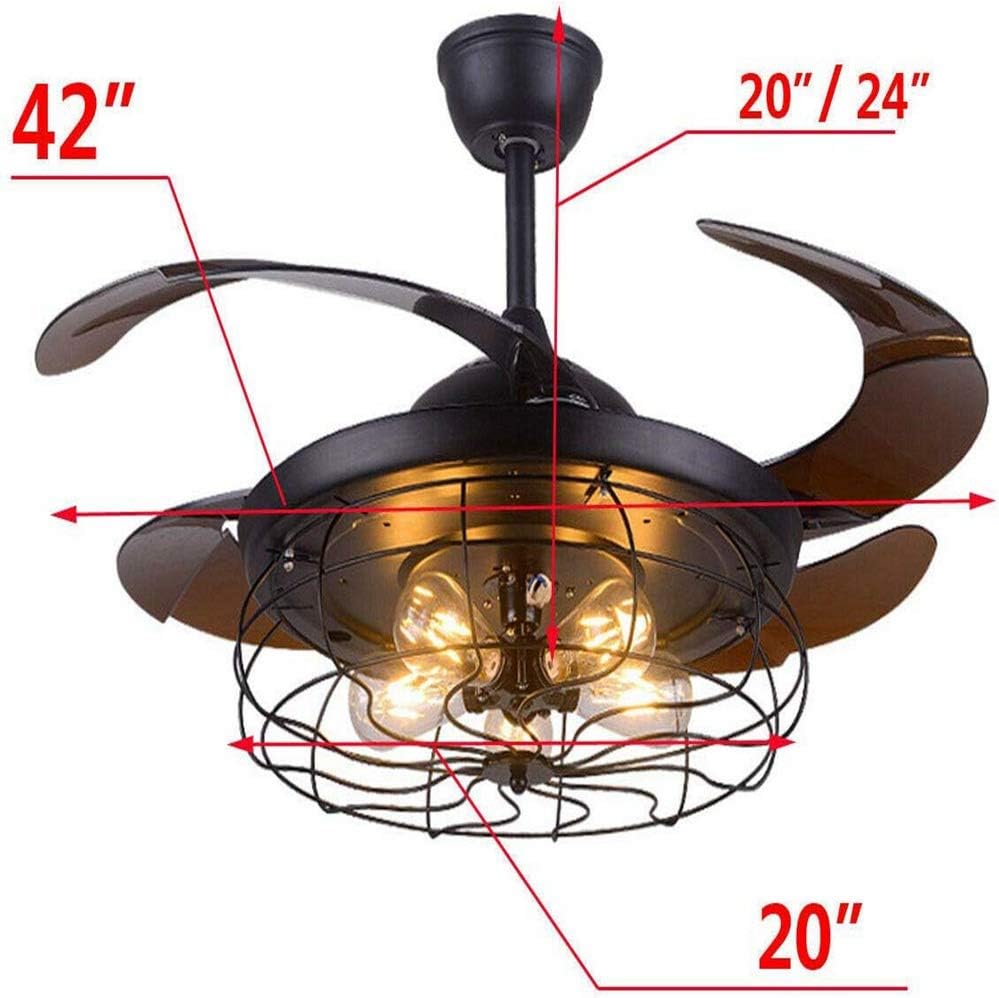 42 Inch Ceiling Fan with Light Industrial Ceiling Fan Retractable Blades Vintage Cage Chandelier Fan with Remote Control, 5 Edison Bulbs Needed Not Included