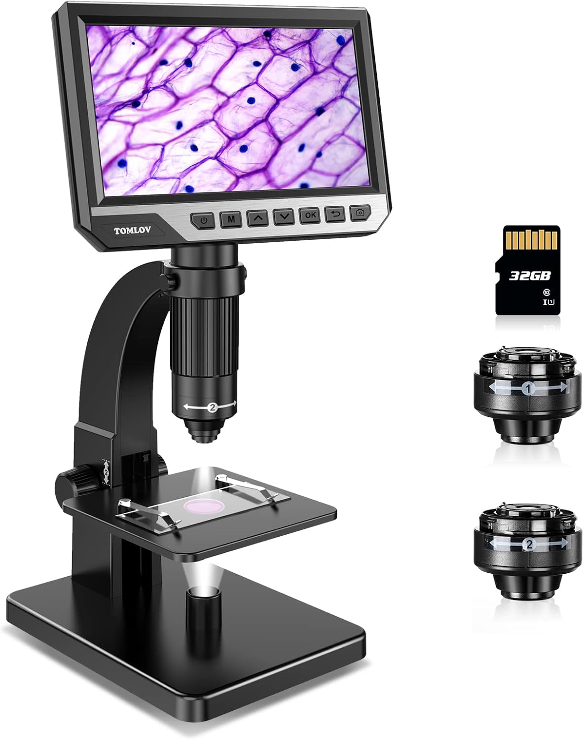TOMLOV DM11 LCD Digital Microscope with 2000X Dual Lens(Digital & Microbial Lens), 7'' IPS Display∣10 LEDs∣12MP Resolution∣Windows/Mac OS Compatible, SD Card Included