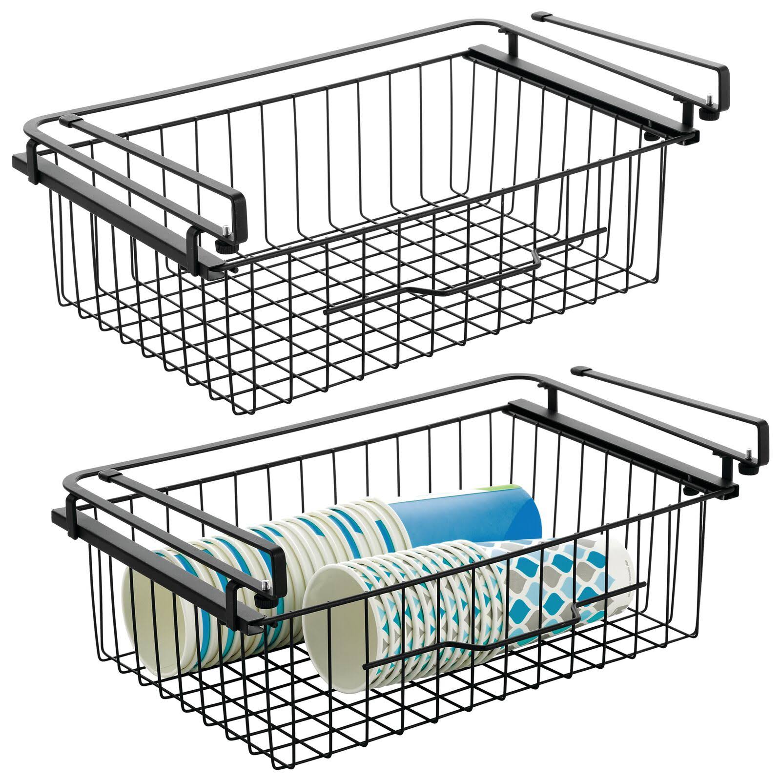 mDesign Large Wire Hanging Drawer Basket - attaches to Shelving - 2 Pack - Black