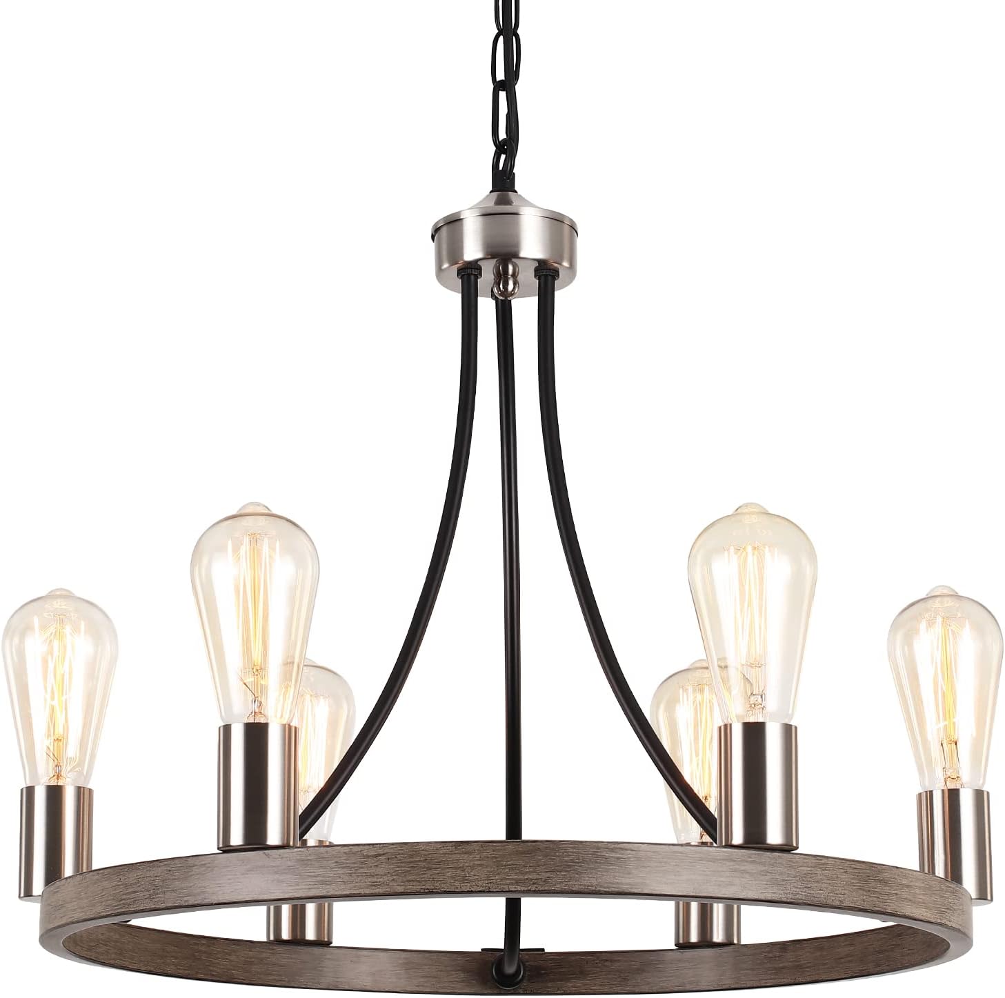 Wagon Wheel Chandelier, QAREHL 6 Light Round Pendant Lighting Fixtures Rustic Country Style Black Wagon Wheel Chandeliers with Adjustable Chain for Dining Room Light Fixtures Farmhouse Chandelier