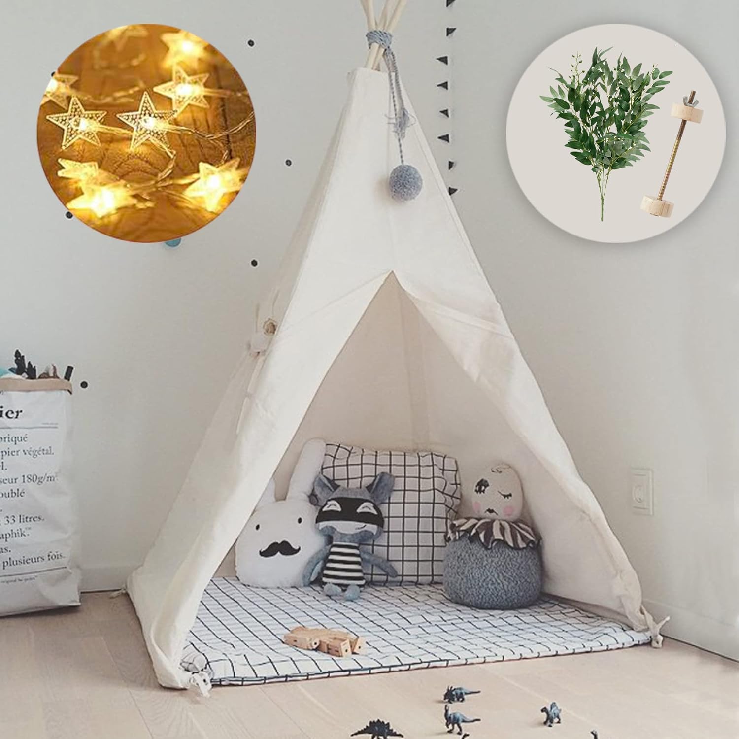 little dove Teepee Tent for Kids Foldable Teepee Play Tent with Carry Case, Banner, Fairy Lights, Olives Branches, Four Poles Style Raw White Color - New Version Tiny House Pack of 2