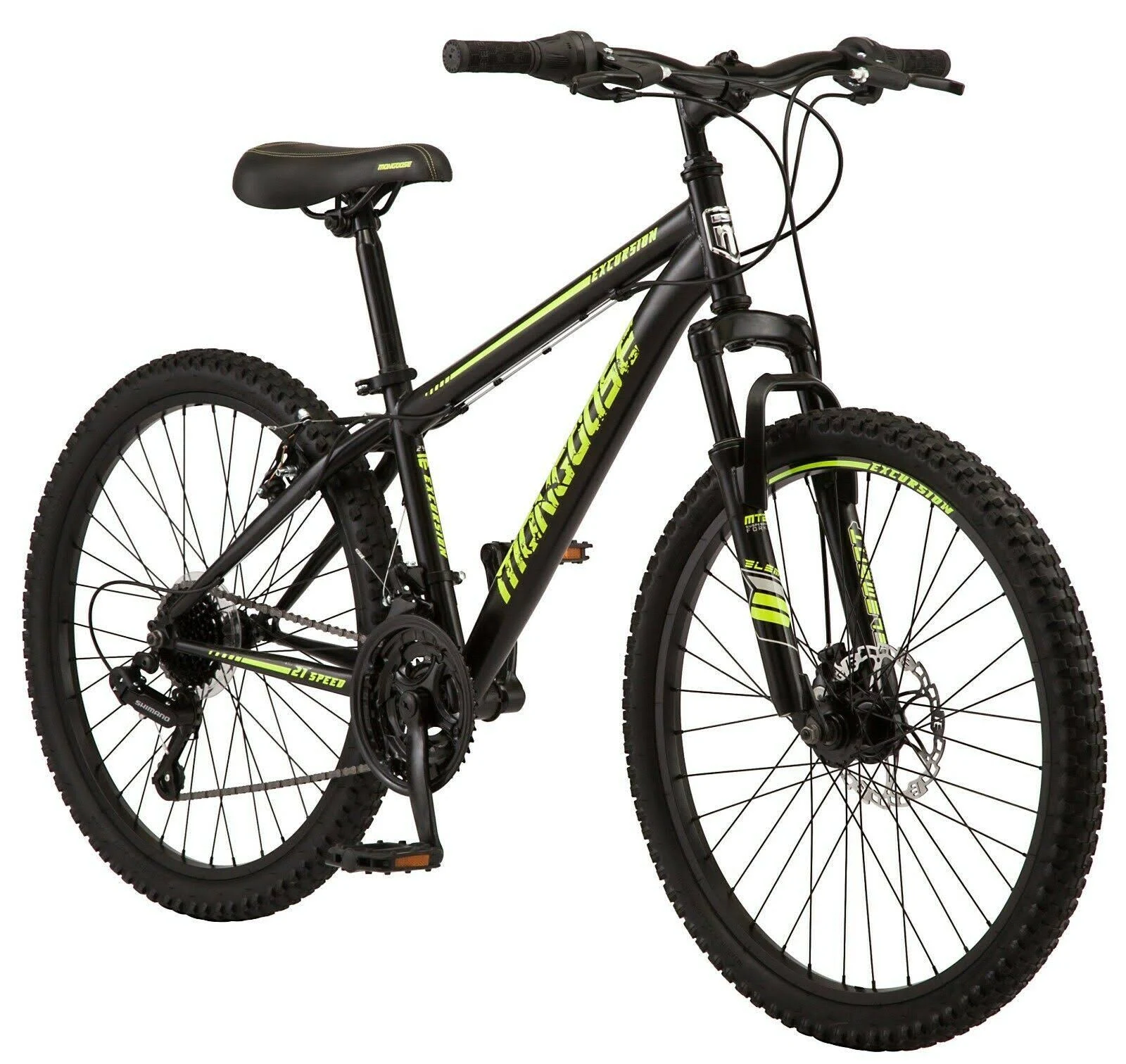 Mongoose Excursion Mountain Bike 24-inch Wheel 21 Speeds Black Yellow Ships Free