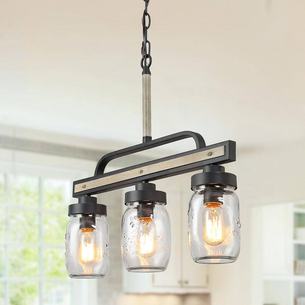 LNC Araphi 3-Light Modern Farmhouse Chandelier Black Rustic Linear Mason Jar Island Chandelier with Faux Wood Accents A03511