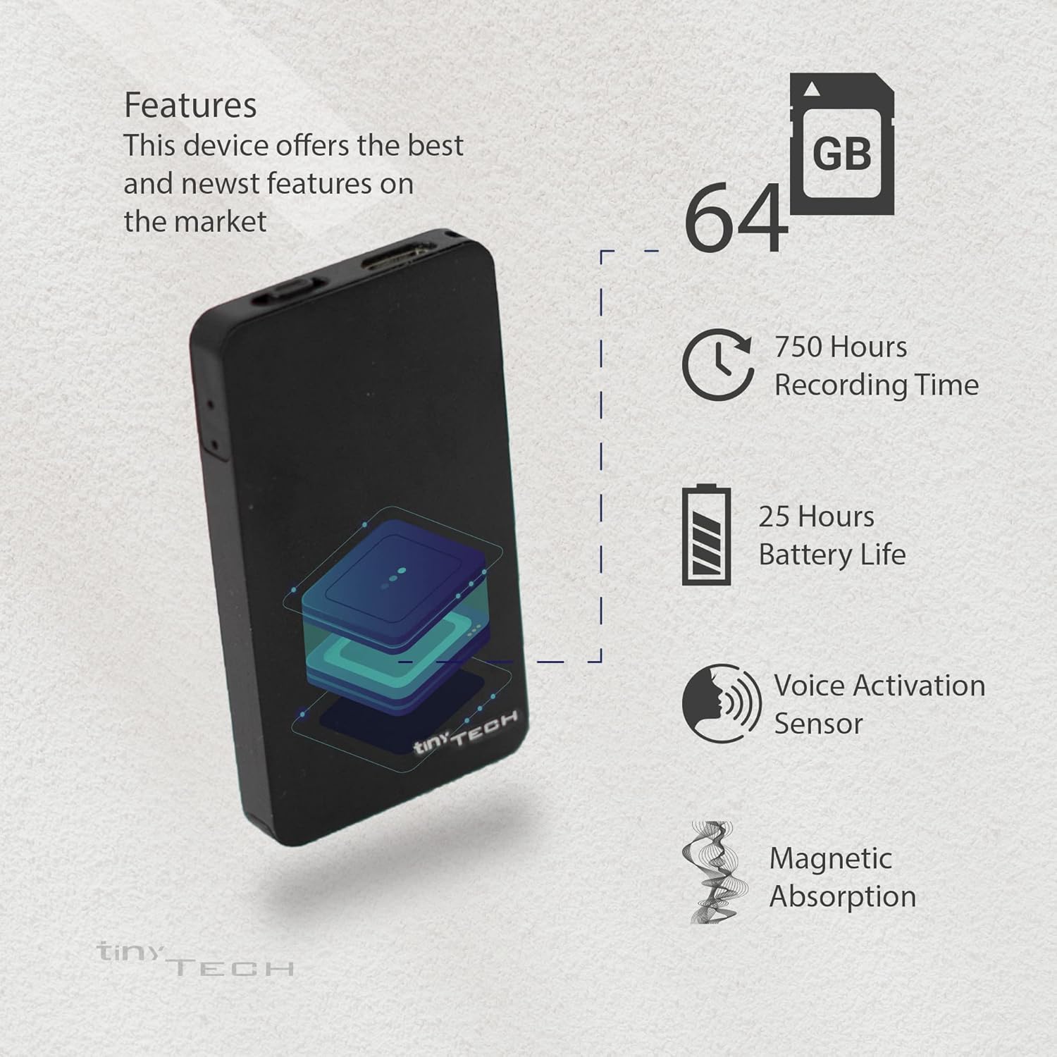 64GB Mini Voice Recorder, Voice Activated Recorder, 750 Hours Audio Recording Capacity, 25 Hours Battery Life Digital Voice Recorder, Audio Recorder for Meeting Class Lecture Interview - by Tiny Tech Pack of 2