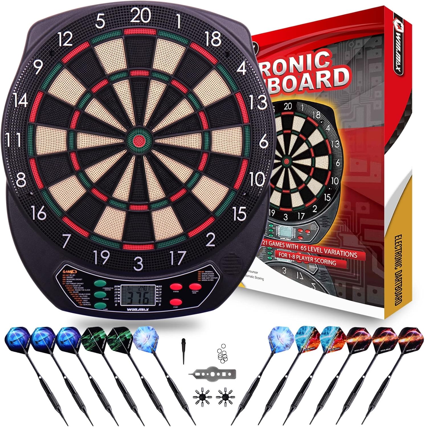 WIN.MAX Electronic Dart Board Soft Tip Dartboard Set LCD Display with 12 Darts 100 Tips Power Adapter Pack of 2
