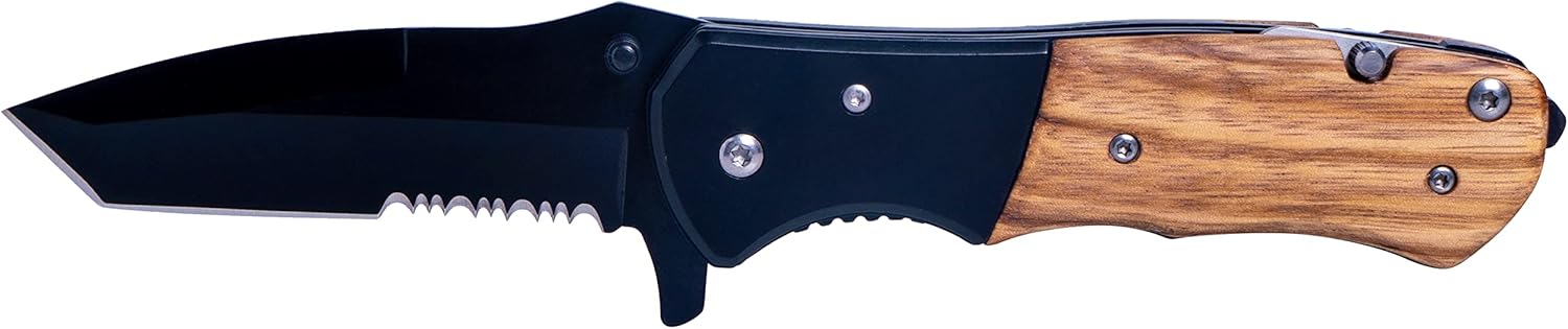 Makerflo Beast Wooden Pocket Knife, Tactical Spring Assisted Steel Blade, Belt Clip, Opener, Rope & Seatbelt Cutter, Glass Breaker for Hunting, Hiking, Self Defence, Gifts for Him, Natural Wood, 1 PC