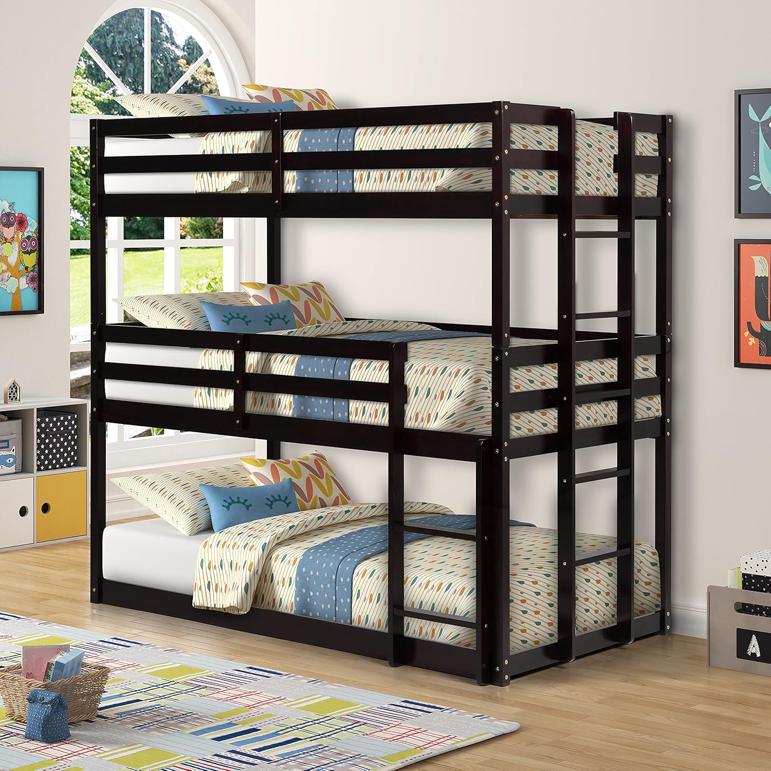 Hommoo Wood Triple Bunk Bed Frame for Kids 3 Twin Bed Triple Floor Bunk Bed Twin Over Twin Over Twin Bunk Bed for Kids Wood Detachable 3 Bed Frame No Spring Box Needed (Gray)
