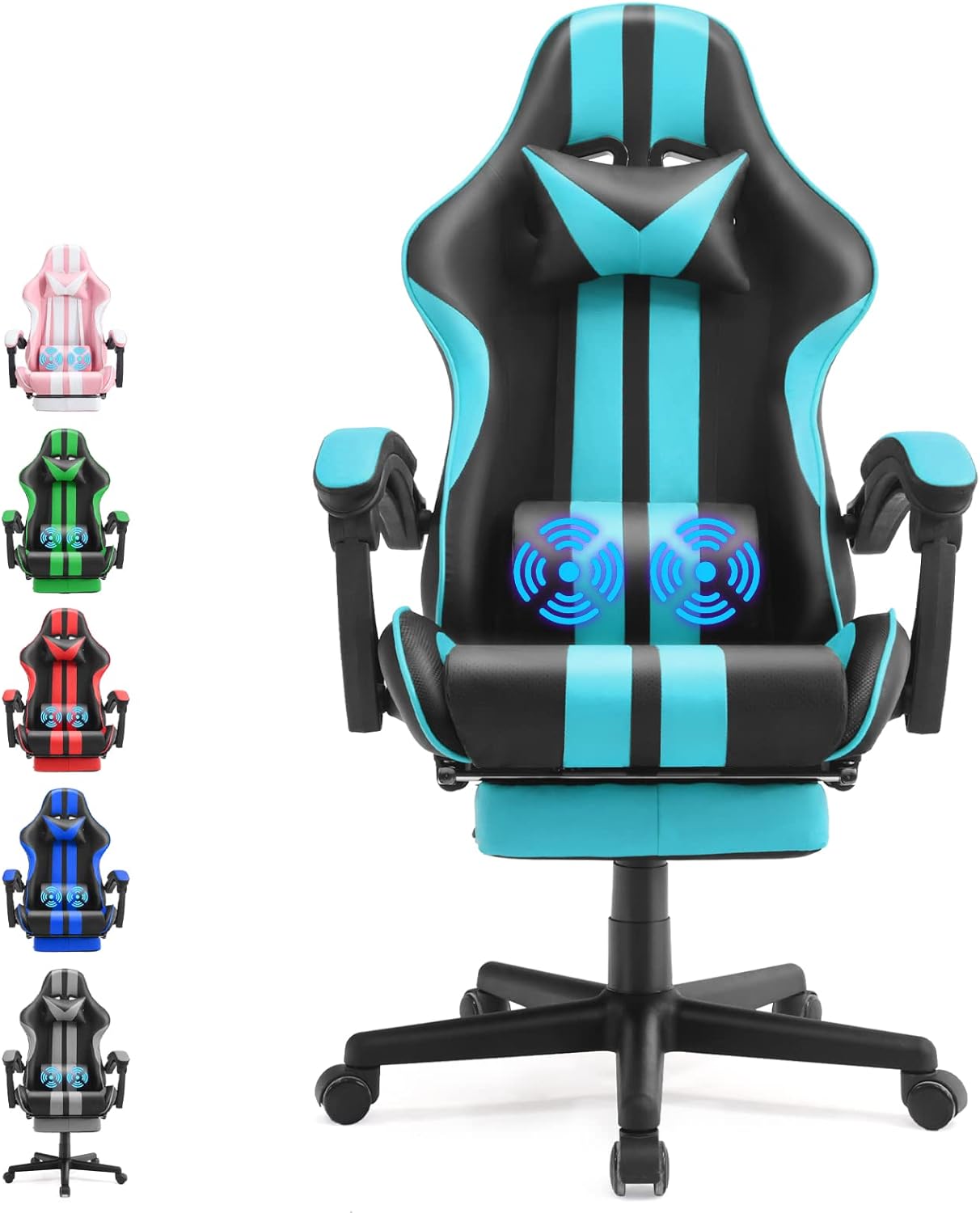 Ferghana E-Sports Chair,Gaming Chair,Racing Office Computer Game Chair,Ergonomic Gaming Chair,Racing Style with Adjustable Recliner and Retractable Footrest and Headrest/Lumbar Pillow(Green)