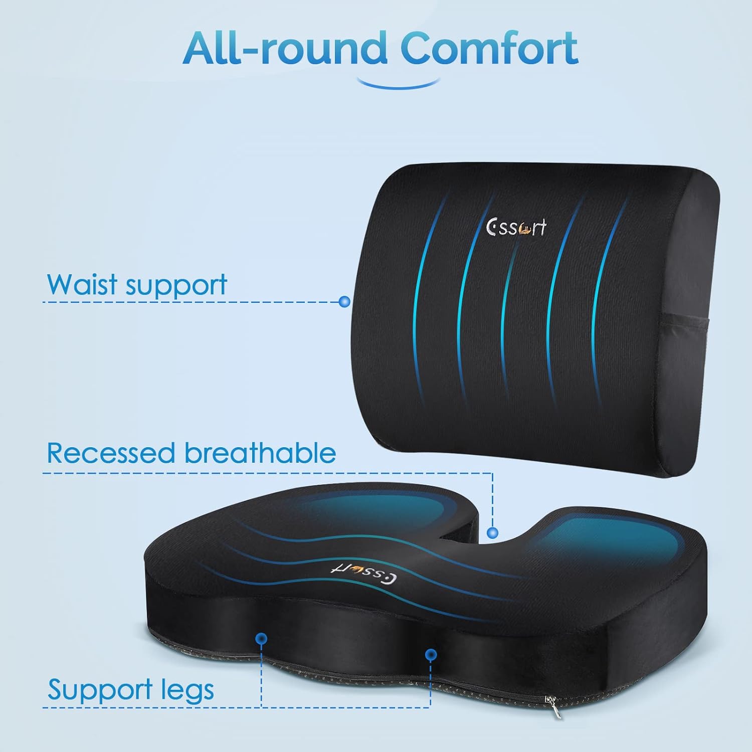 ESSORT Memory Foam Back and Seat Cushions Combo, Orthopedic Coccyx Chair and Lumbar Pillow, Boxed Pad and Back Support for Office Chair, Car, Wheelchair, Relieves Tailbone Pain, Sciatica & Back Pain