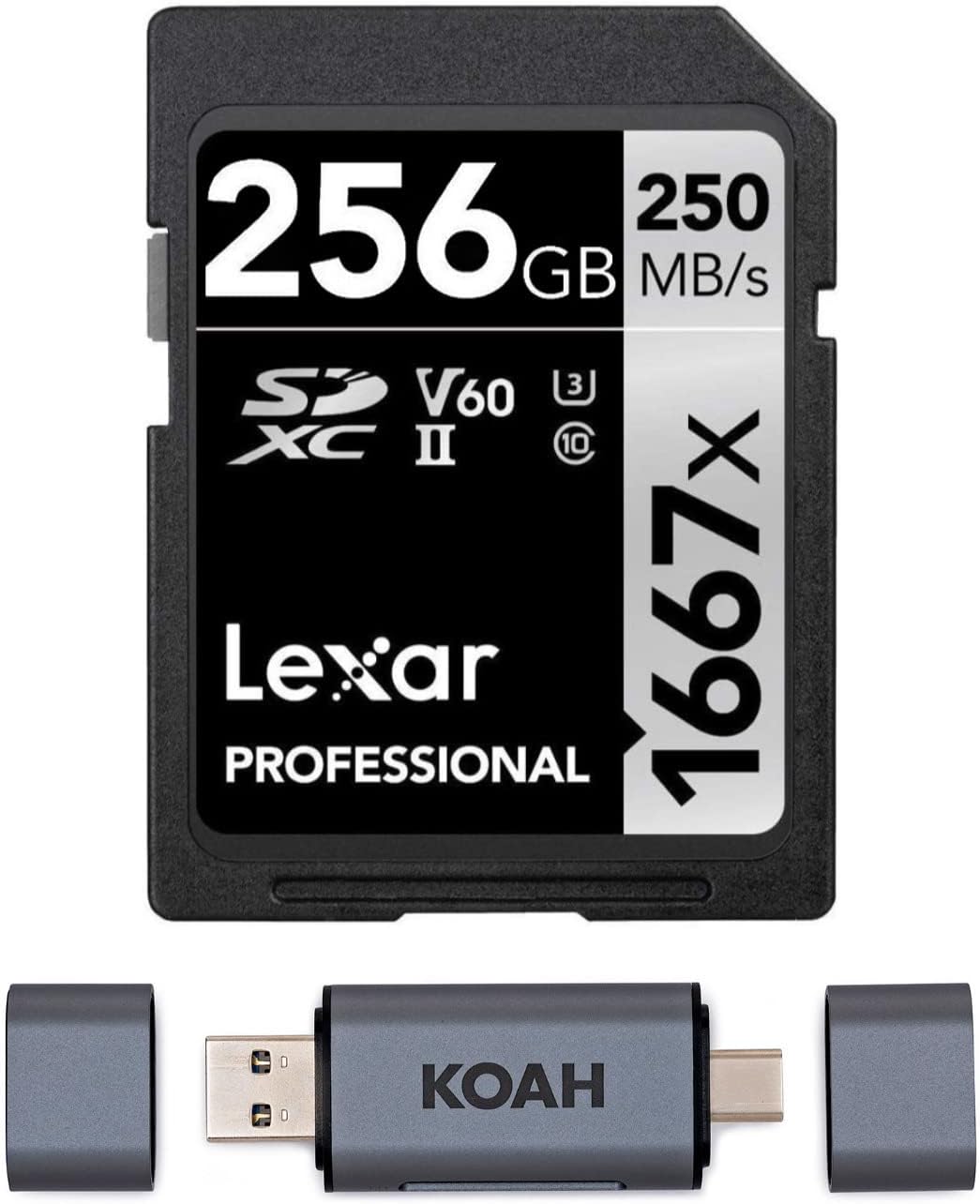 Lexar Professional 256GB 1667x UHS-II SDXC Memory Card with Koah Pro Dual Slot SD Card Reader Bundle (2 Items) Pack of 2